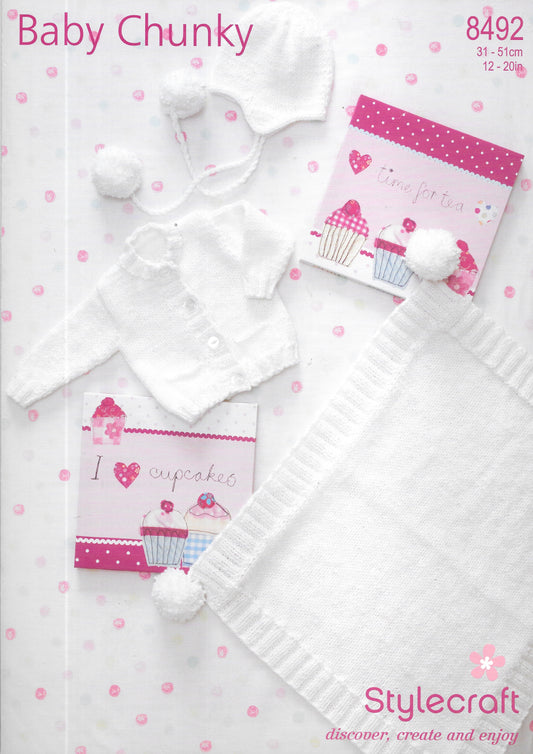 Stylecraft 8492 Chunky Knitting Pattern - Baby Cardigan, Helmet and Blanket