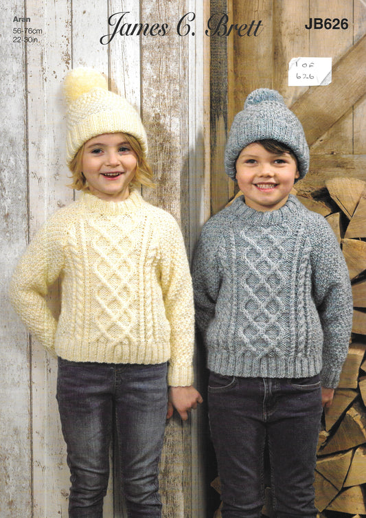JB626 James Brett knitting pattern. Child's sweaters and hat. Aran