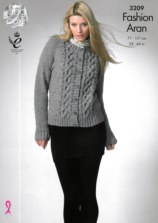 3209 King Cole Knitting Pattern. Lady's cable cardigan/sweater. Aran knitting yarn.