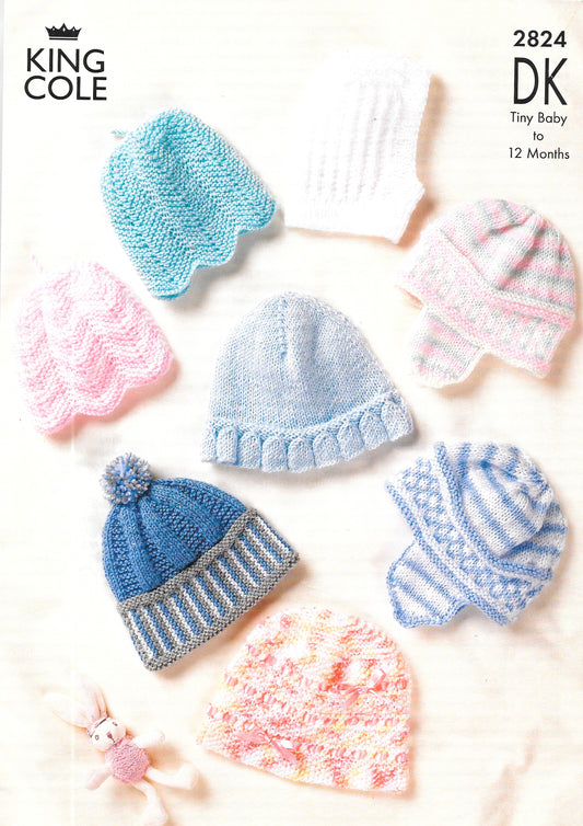 2824 King Cole Preloved Knitting Pattern - Bonnets in DK   Tiny Baby to 12 months