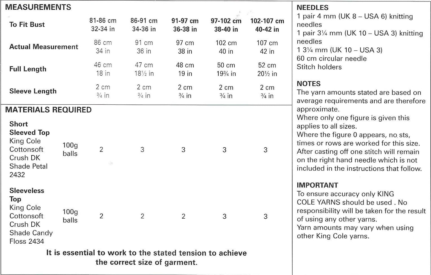 4772 King Cole Cottonsoft Crush dk ladies sleeveless and short sleeved top knitting pattern