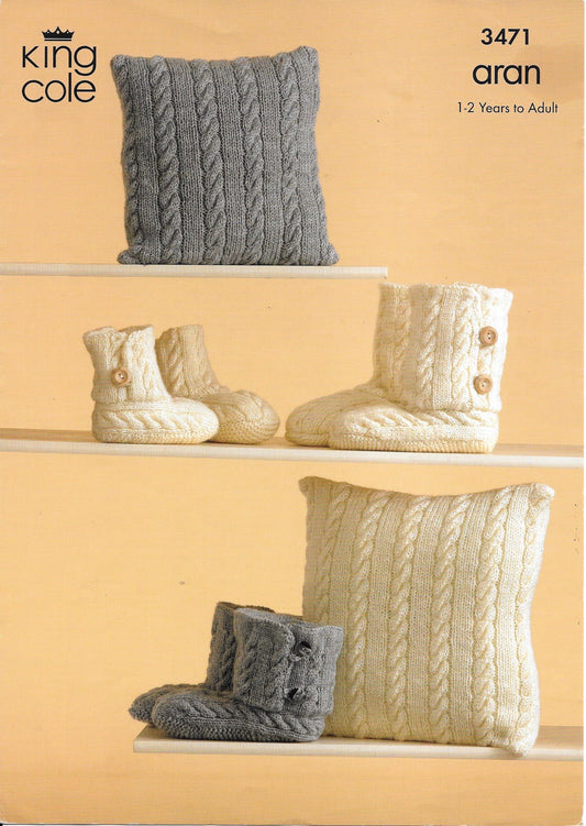 3471 King Cole fashion Aran cushion and slippers knitting pattern