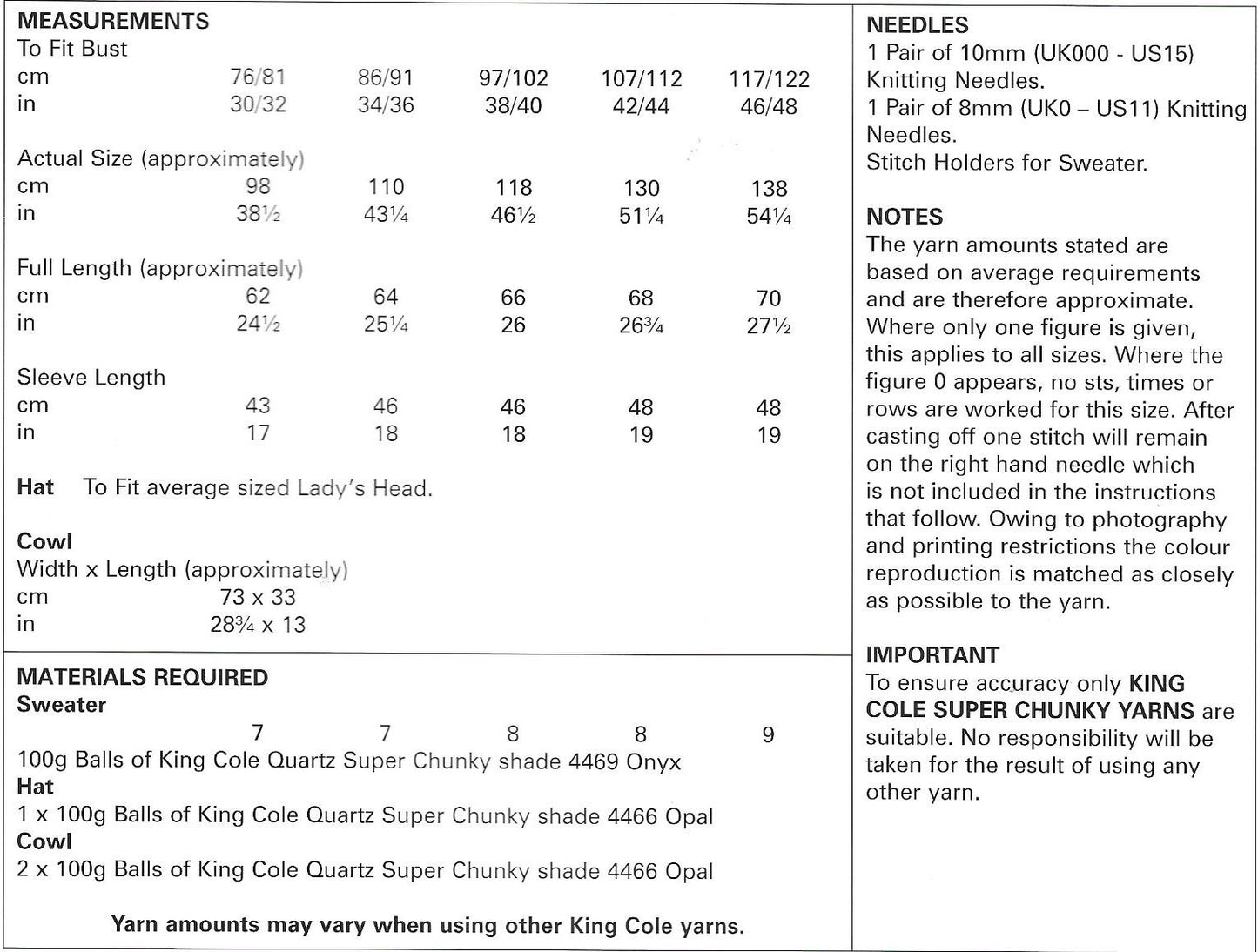 5639 King Cole Quartz Super Chunky ladies sweater, hat and cowl knitting pattern