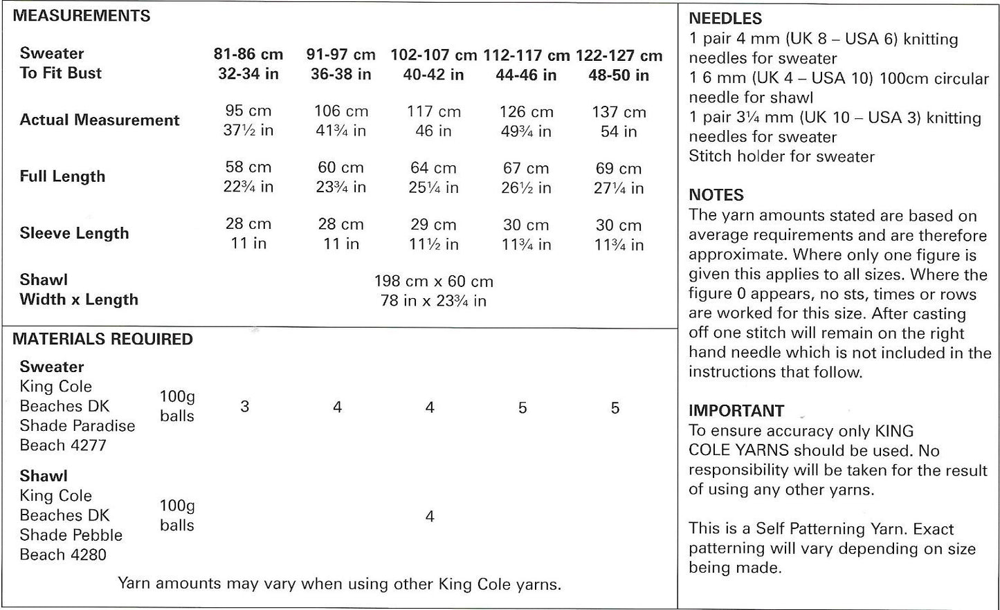 5427 King Cole Beaches Dk Ladies Sweater and Shawl Knitting Pattern