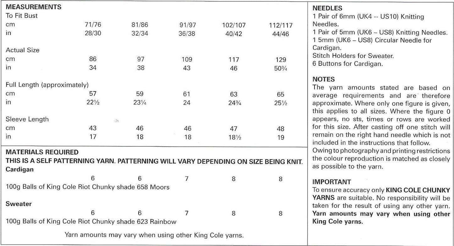 5010 King Cole Riot Chunky ladies sweater and cardigan knitting pattern