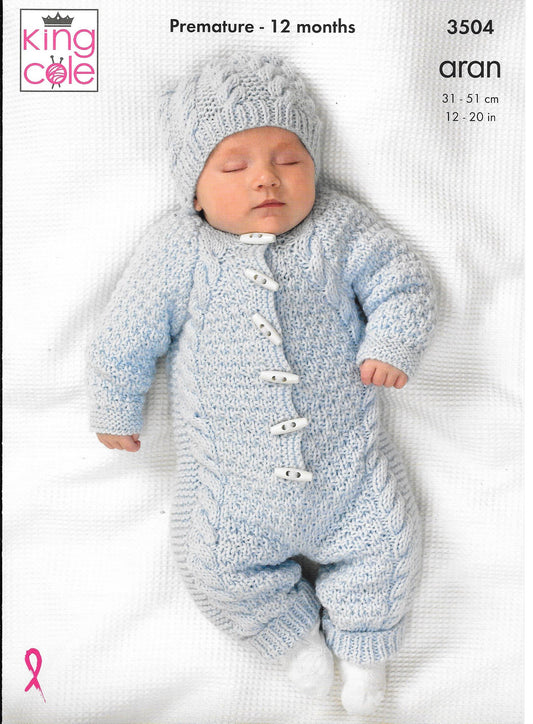 3504 King Cole Aran Comfort premature baby All-in-one, coat and hat knitting pattern