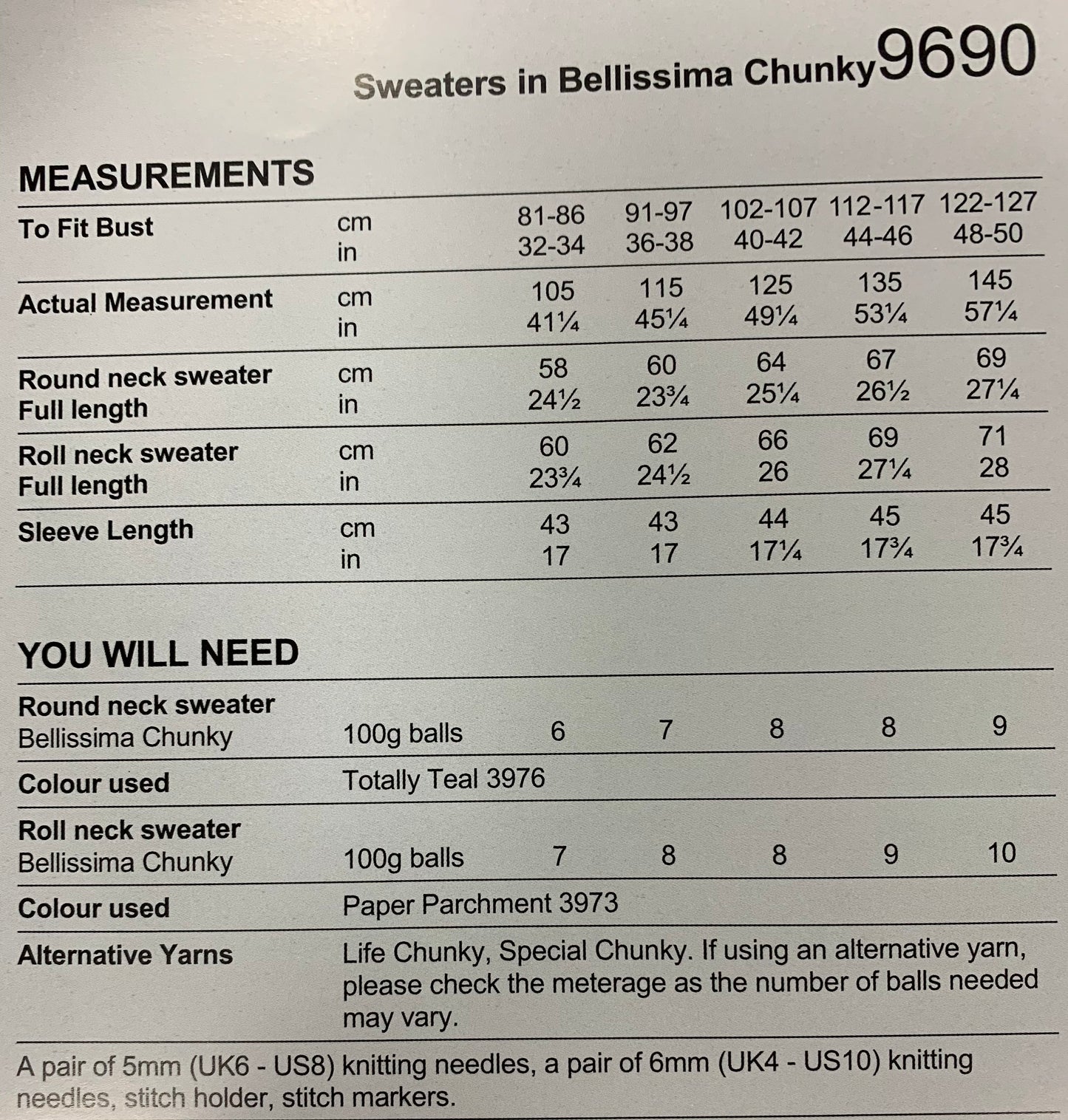 9690 Stylecraft Bellissima chunky ladies sweater round neck and rolled neck knitting pattern