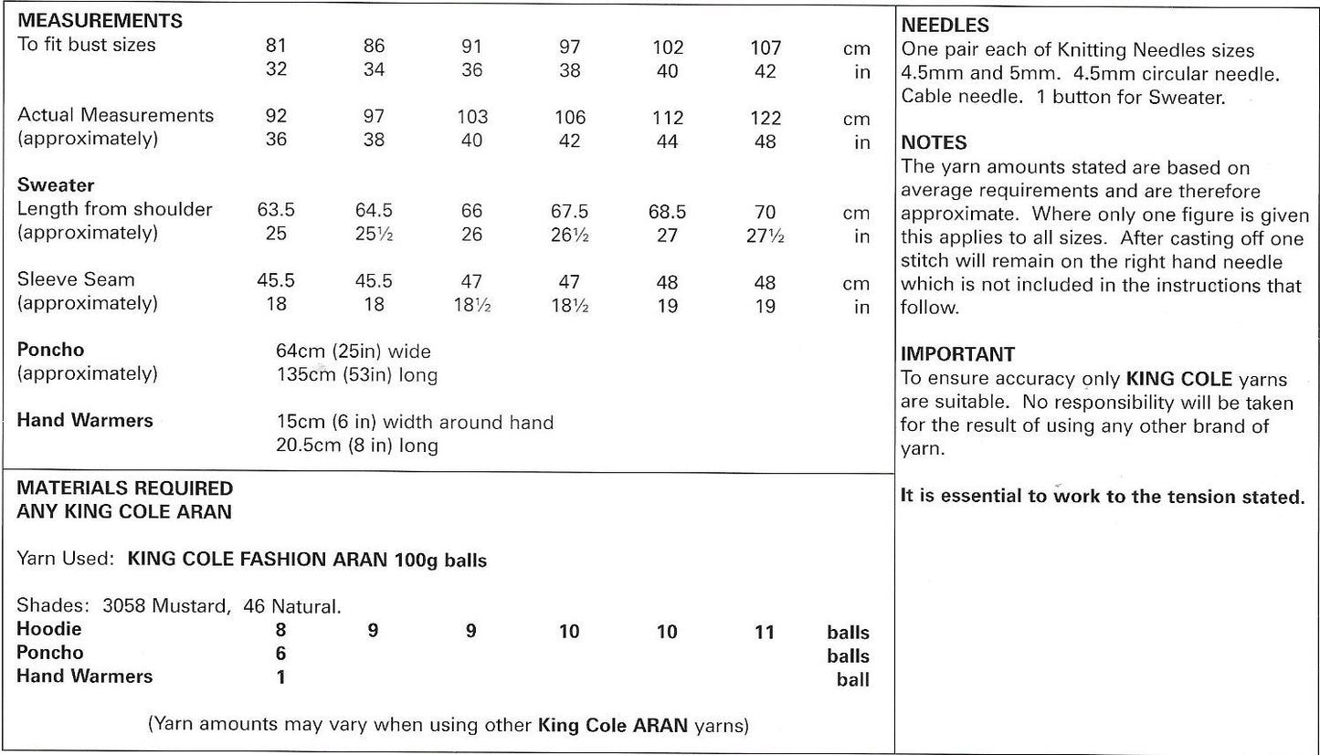 5396 King Cole Fashion Aran Ladies Cape, Hand Warmers and Hooded Sweater Knitting Pattern