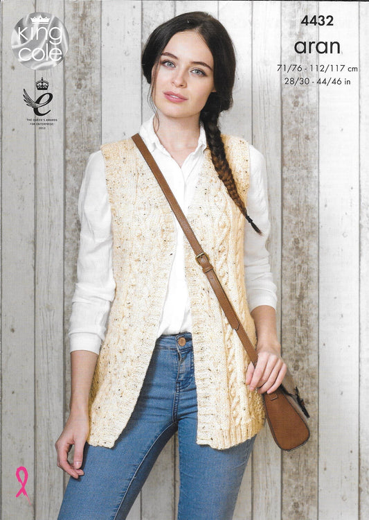 4432 King Cole Aran Ladies Waistcoat and Cardigan Knitting Pattern