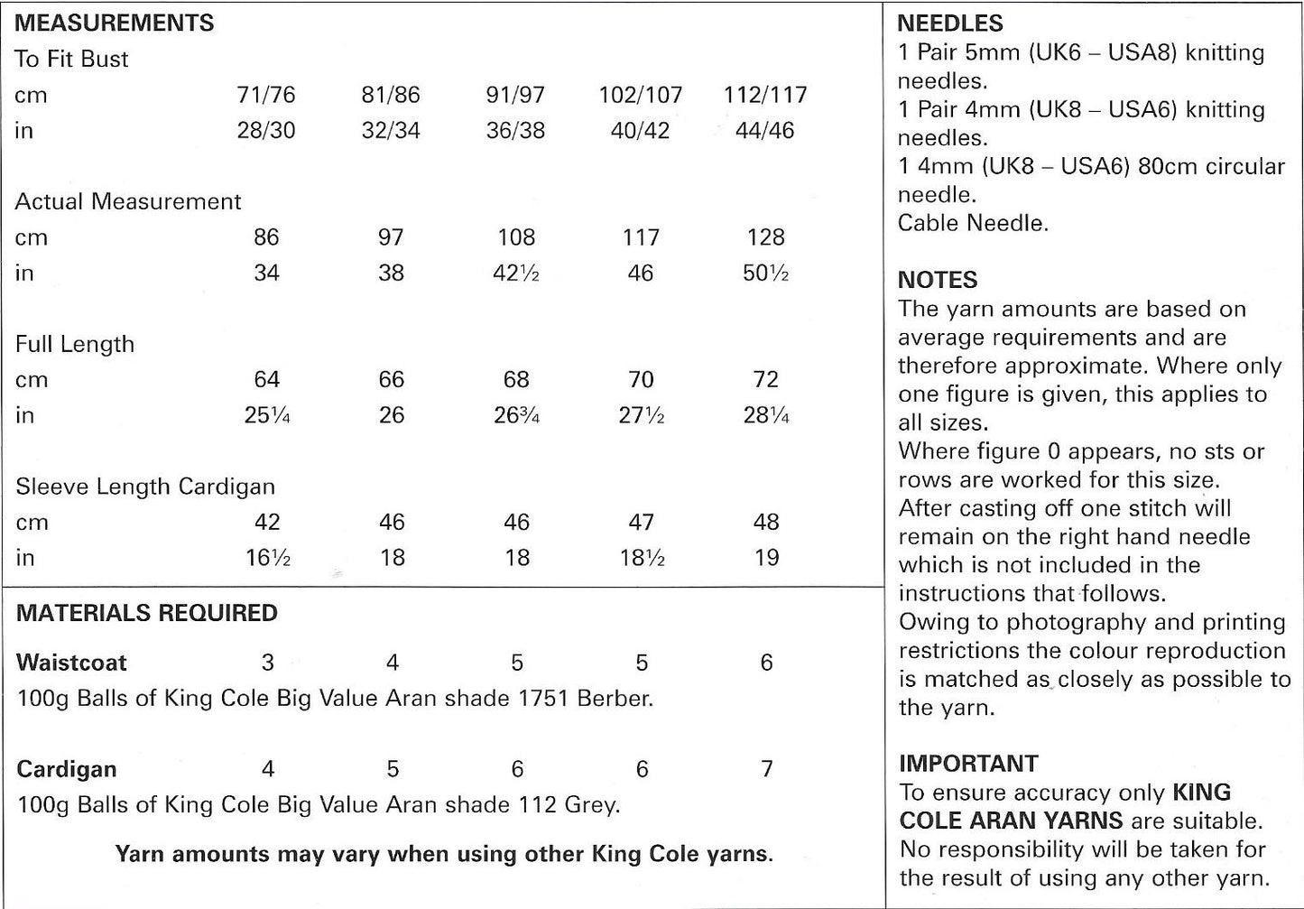 4432 King Cole Aran Ladies Waistcoat and Cardigan Knitting Pattern