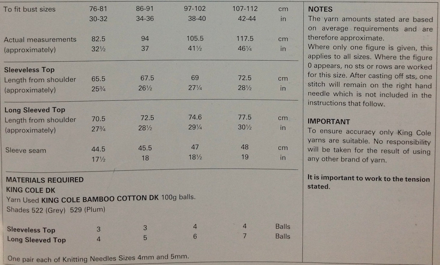 King Cole 3323 Dk Bamboo Cotton Ladies Top, Sleeveless and Long Sleeved Knitting pattern