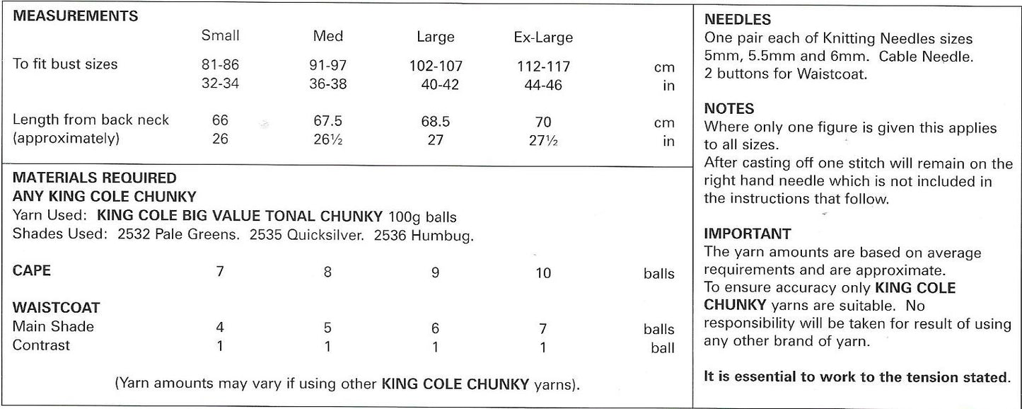 4885 King Cole Chunky ladies cape and waistcoat knitting pattern