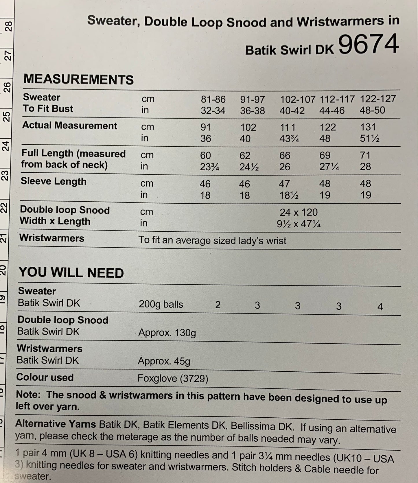 Stylecraft 9674 Batik Swirl DK Ladies Sweater, Double Loop Snood & Wrist Warmers knitting pattern