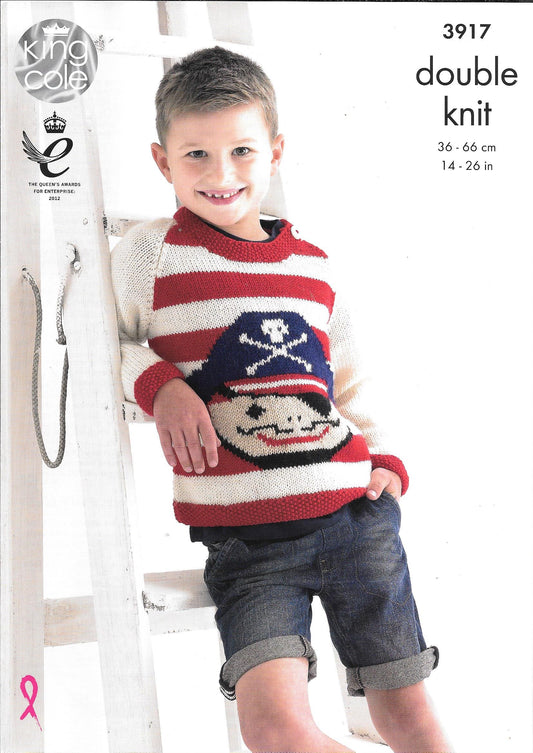 King Cole 3917 DK Baby - Child Jumper with or without buttons and Hat knitting pattern