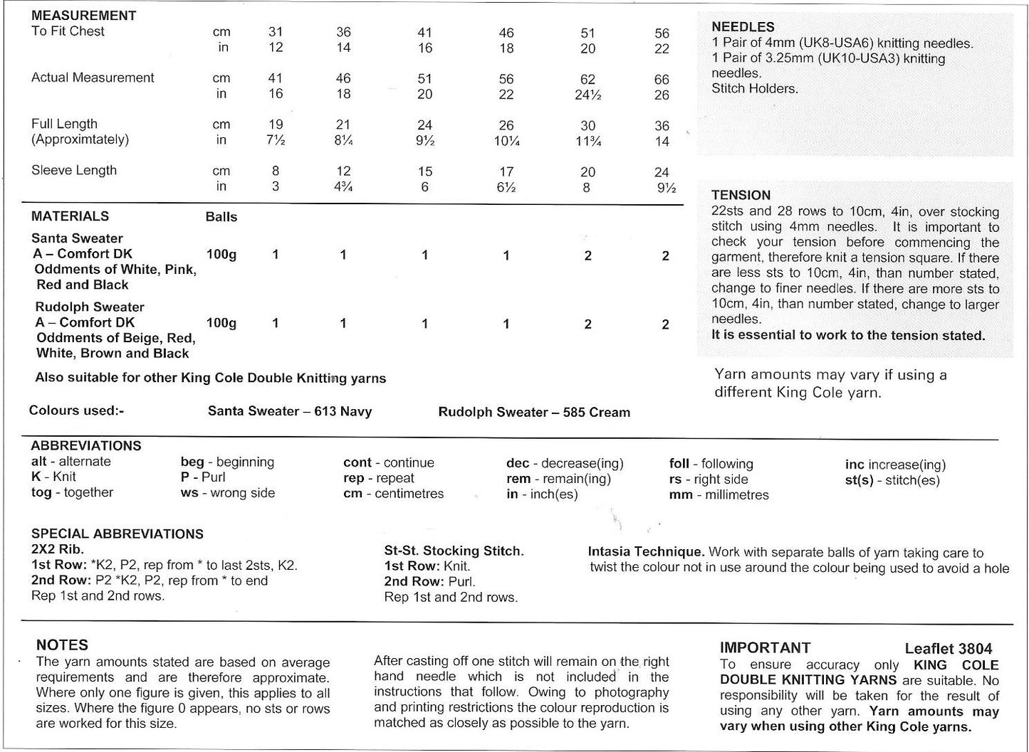 King Cole 3804 Comfort DK baby - Child Santa Sweater & Rudolph S0weater knitting pattern