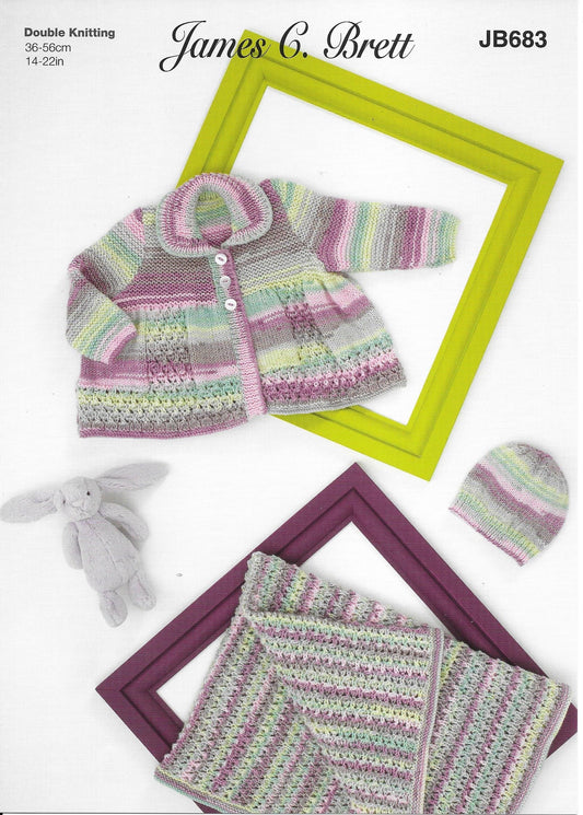 683 JB683 James C Brett Baby Twinkle Prints dk baby matinee jacket, hat and blanket knitting pattern