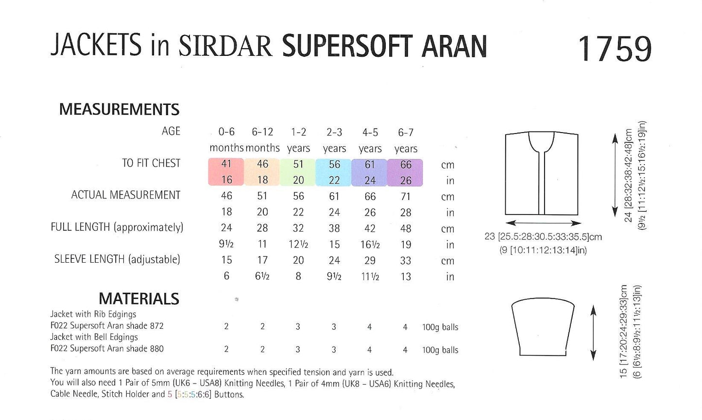 1759 Sirdar Supersoft Aran Baby Child Jacket Knitting Pattern