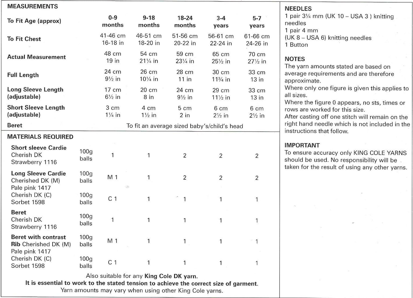 King Cole 4193 Cherished Dk Cardigan and Beret knitting pattern