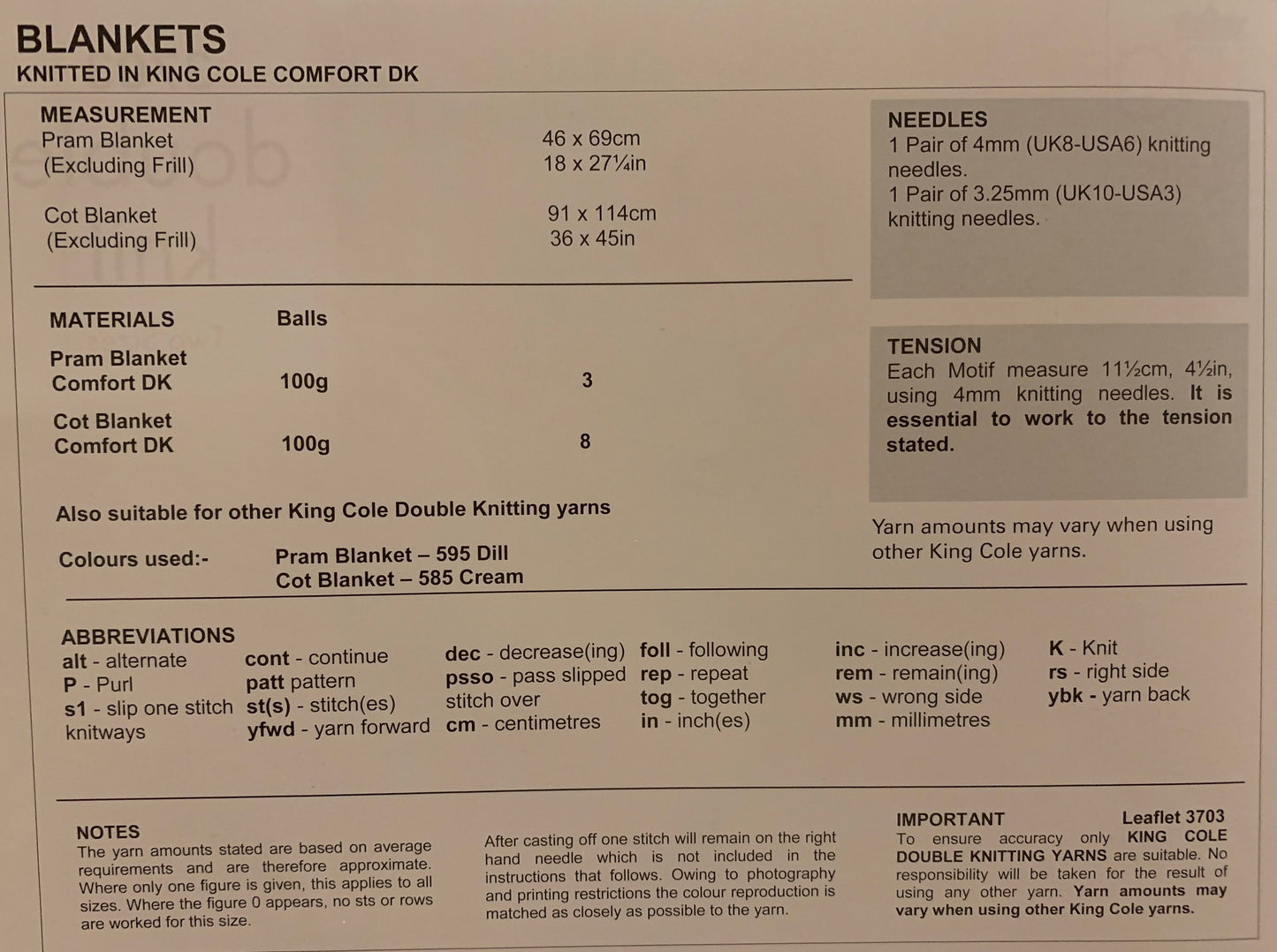 King Cole 3703 Knitting Pattern - DK Baby Blankets