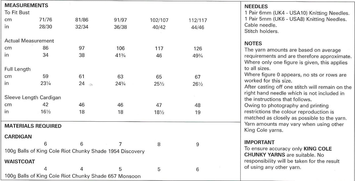 4716 King Cole Riot Chunky ladies cardigan and waistcoat knitting pattern