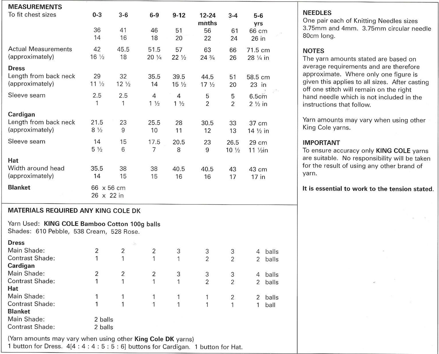 King Cole 3860 DK Bamboo Cotton Baby - Child Dress, Cardigan, Hat and Blanket knitting pattern