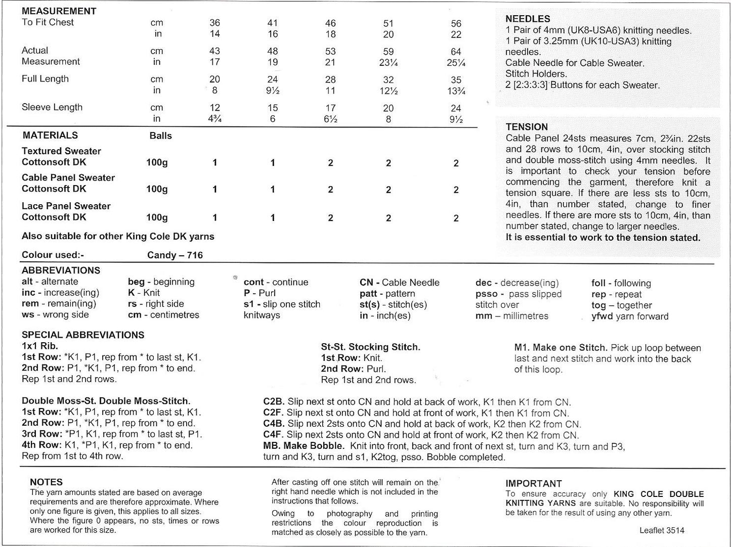 King Cole 3514 - Dk Cottonsoft baby - Child Sweaters knitting pattern