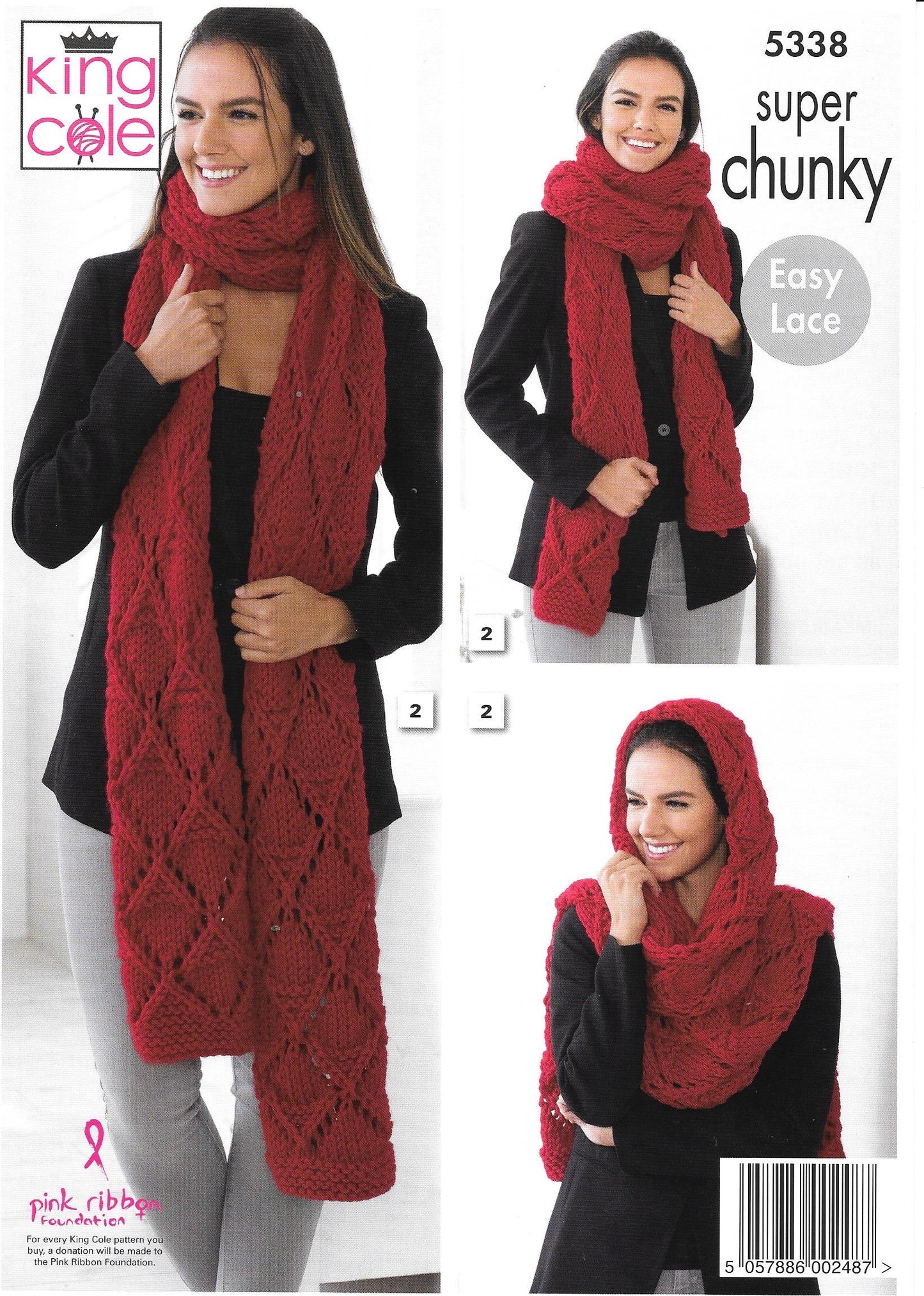 King Cole 5338 Super Chunky ladies Lace Scarves Knitting Pattern