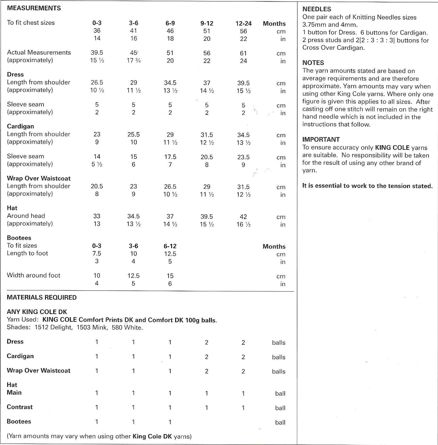 King Cole 3971 DK Comfort Prints and Comfort baby - 0 - 2 yrs Dress, Cardigan, Wrap over waistcoat, hat and bootees knitting pattern