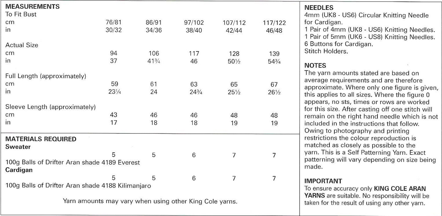 5452 - King Cole Drifter Aran Ladies Cardigan and Sweater Knitting Pattern