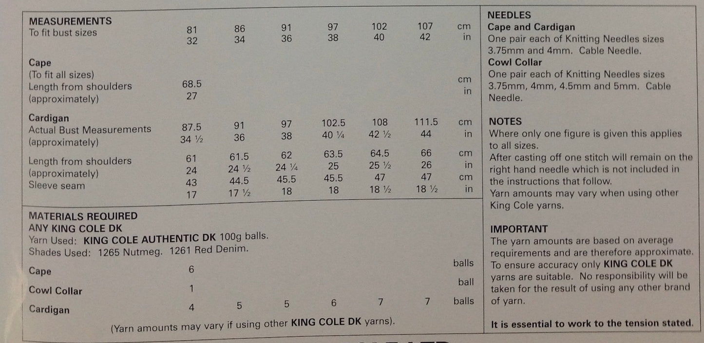 4526 King Cole dk pattern ladies cape & cardigan knitting pattern
