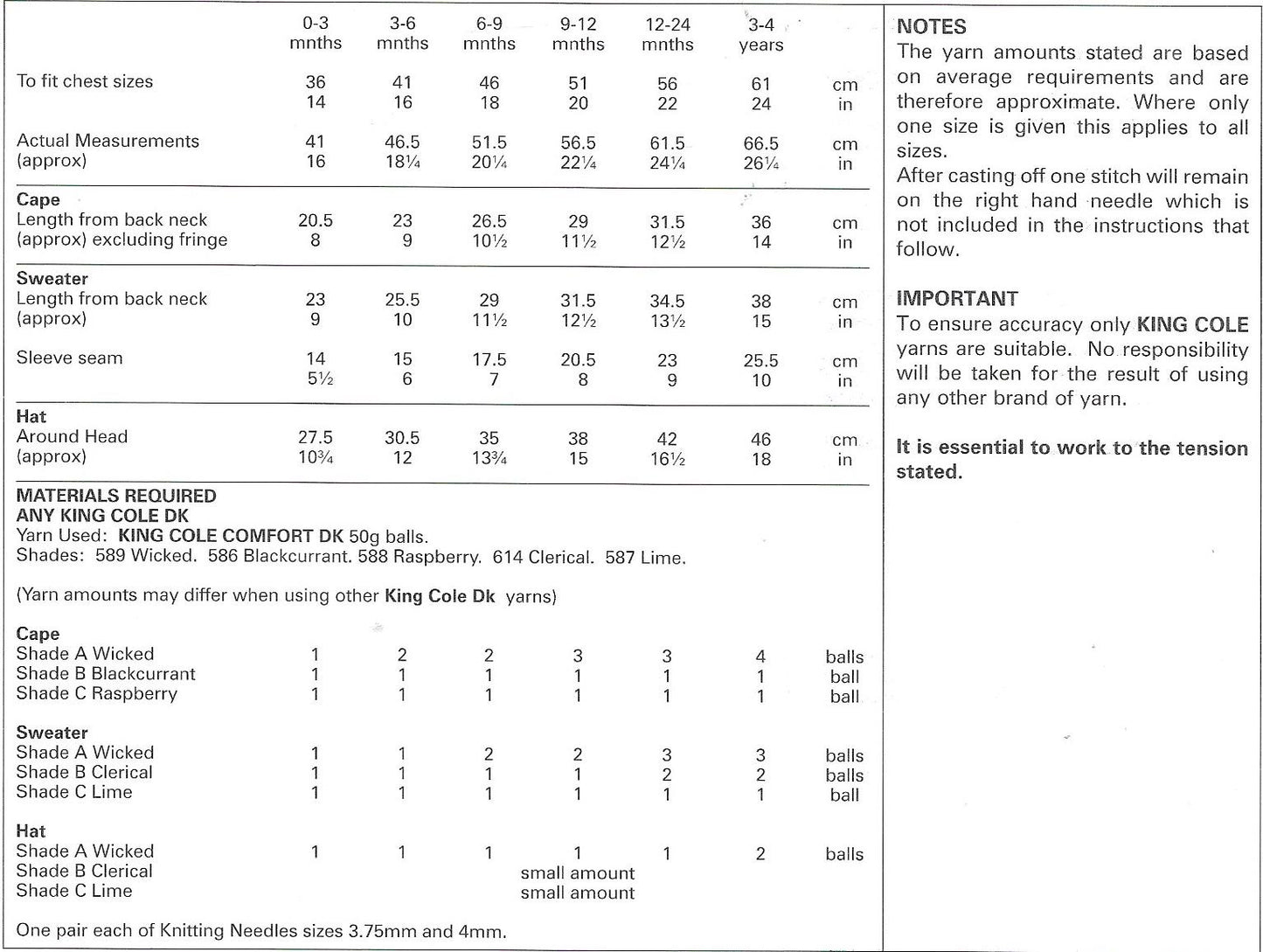 King Cole 3502 Dk Comfort Baby - Child Cape, Sweater and Hat Knitting Pattern