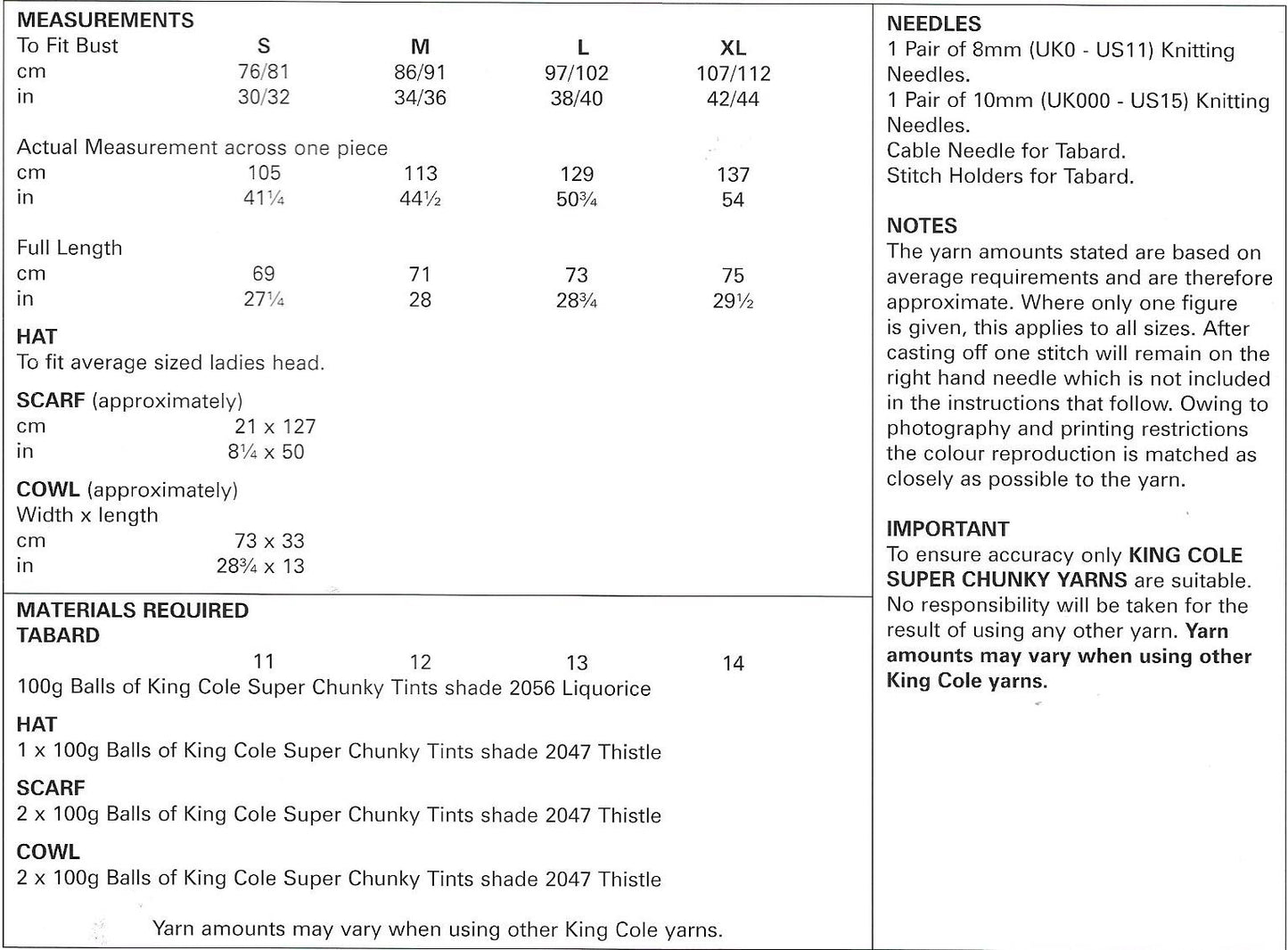 King Cole 5320 Super Chunky Tints Ladies Tabard, Hat, Scarf and Cowl Knitting Pattern