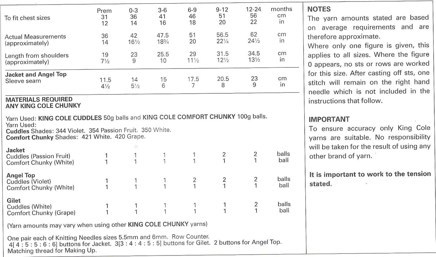 King Cole 3787 Cuddles and Comfort Chunky baby - child jacket, angel top, gilet knitting pattern