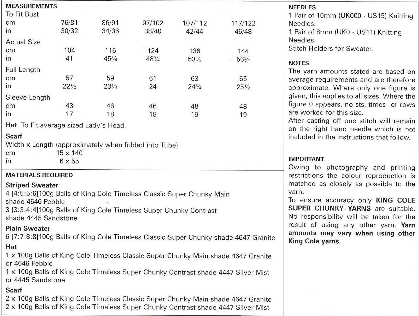 5669 King Cole Timeless Classic Super Chunky ladies sweater, hat and scarf knitting pattern