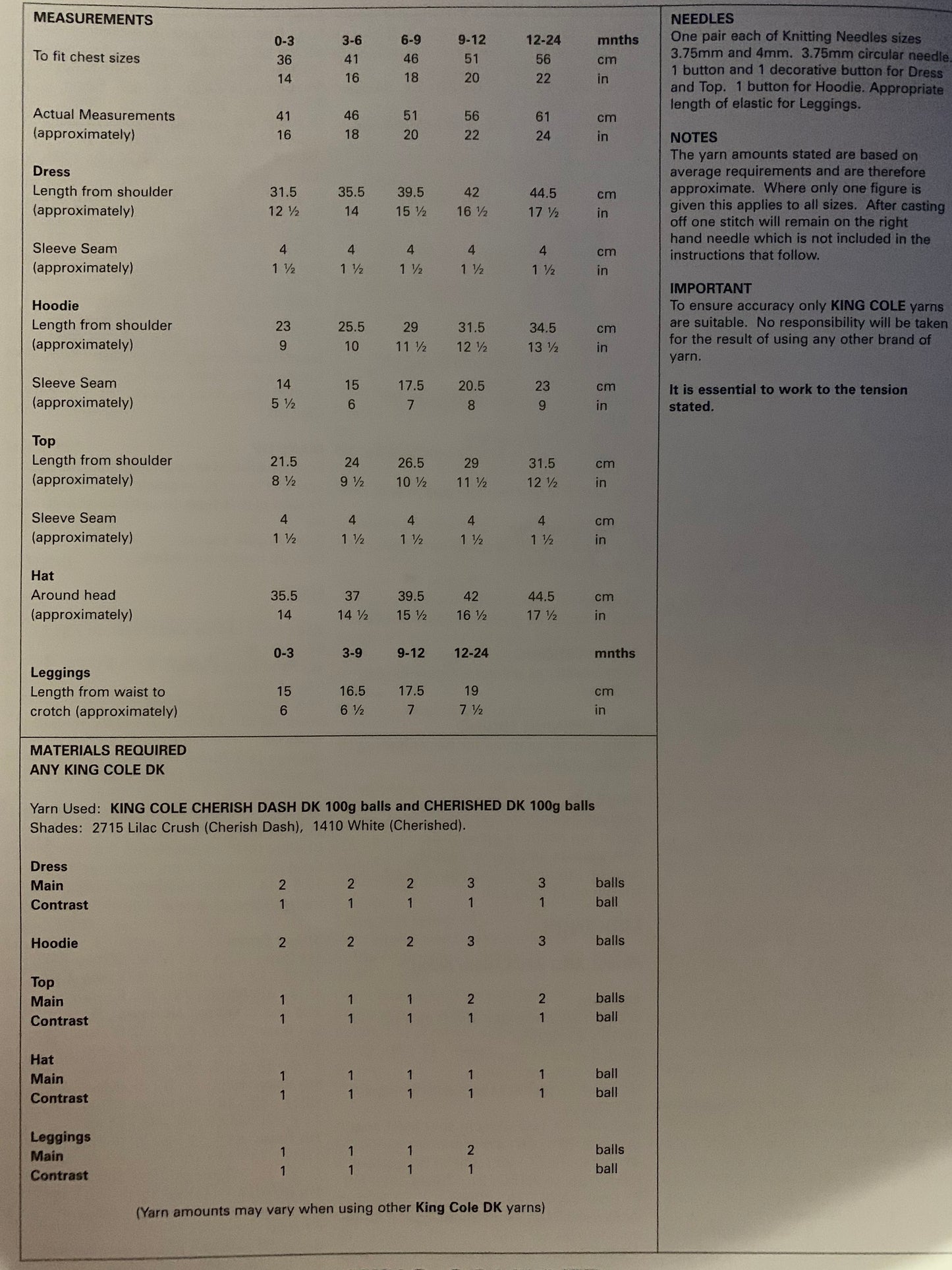 4897 King Cole double knit baby dress, hoodie, top, hat and leggings knitting pattern