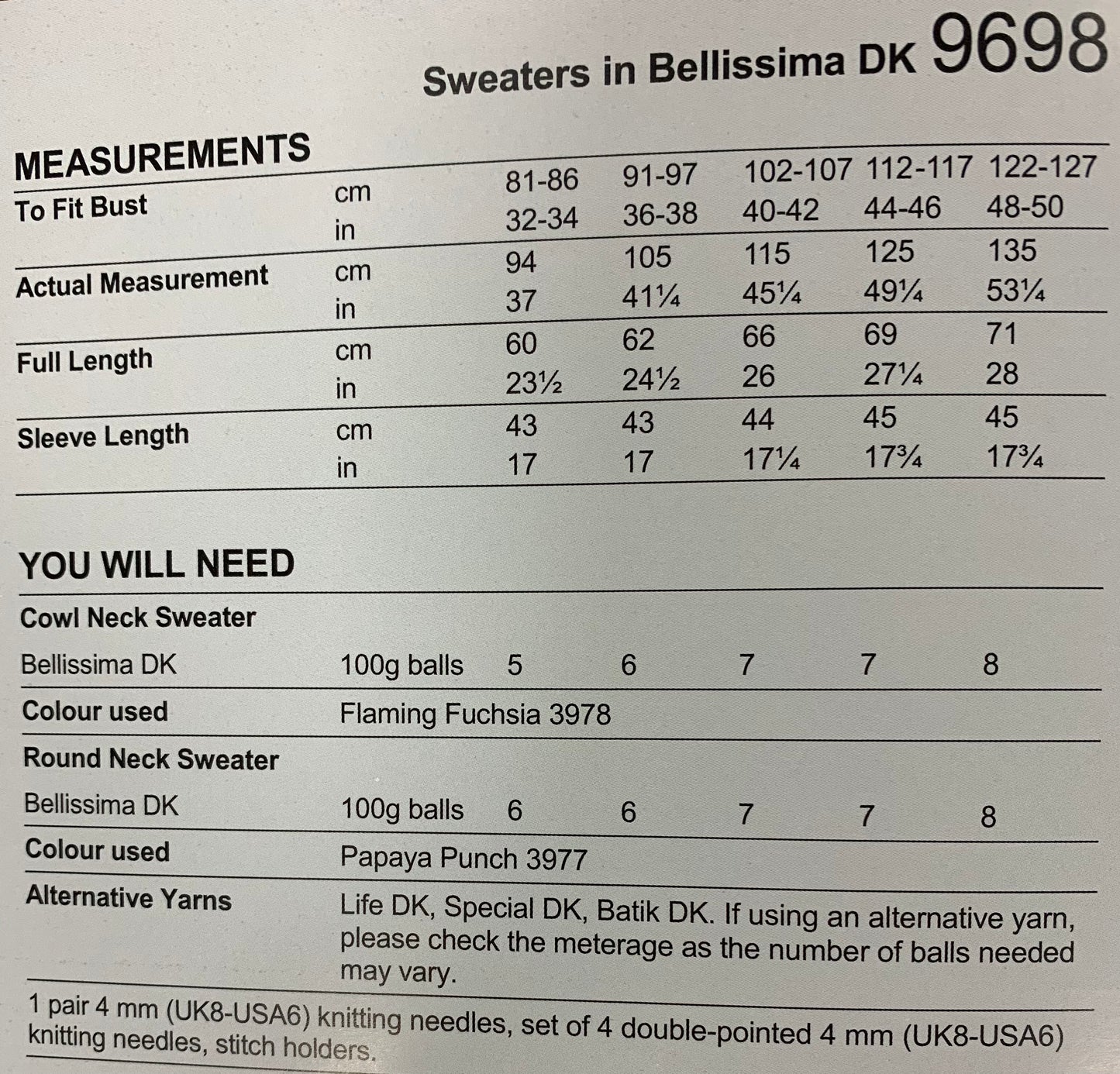 Stylecraft 9698 Bellissima DK Ladies Round & Cowl Neck Sweaters knitting pattern