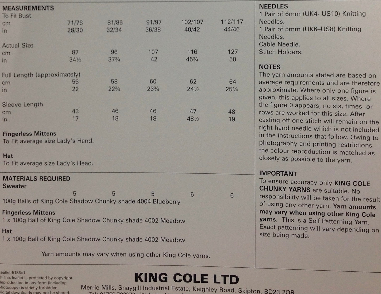 5186 King Cole Chunky Ladies Sweater, Hat and Fingerless Mittens Knitting Pattern