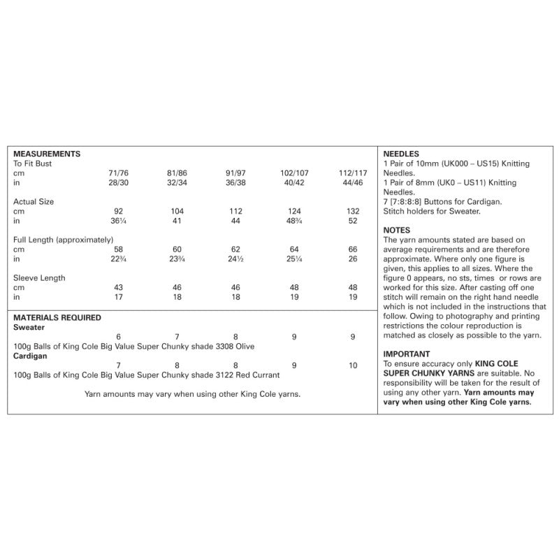 King Cole 5337 Super Chunky Ladies Sweater and Cardigan knitting pattern