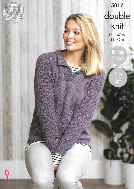 5017 King Cole Knitting Pattern. Lady's sweater and Hoodie. DK knitting yarn.