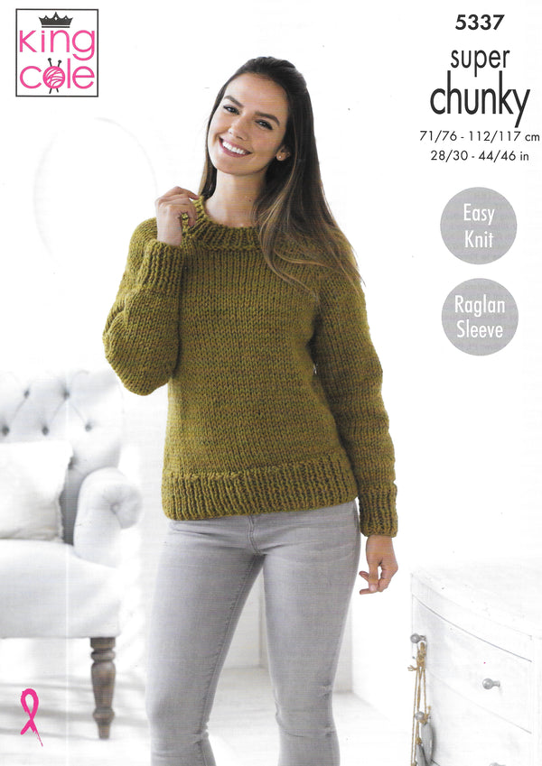 King Cole 5337 Knitting Pattern. Lady's sweater and Jacket, Super Chunky knitting yarn.
