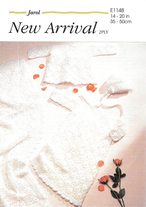 Jarol E1148 crochet pattern. Baby dress, bonnet and shawl. 2 ply