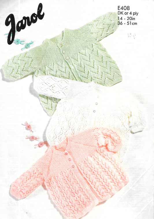 E408 PRELOVED Jarol Knitting Pattern. Baby Matinee Coats.  Double Knit 14-20"