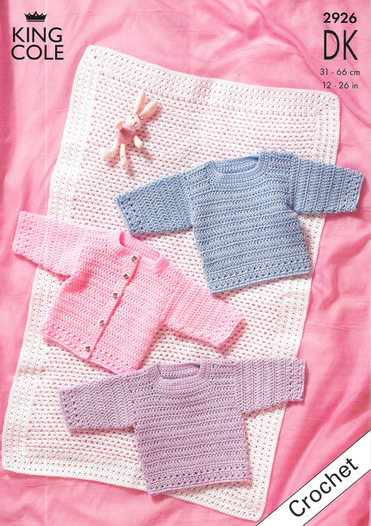 King Cole 2926 Crochet pattern. DK Sweater/Cardigan/Pram Blanket.