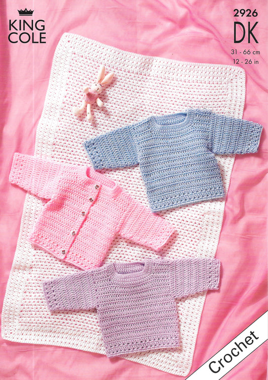 2926 King Cole Crochet pattern. Sweater/Cardigan/Pram Blanket. DK