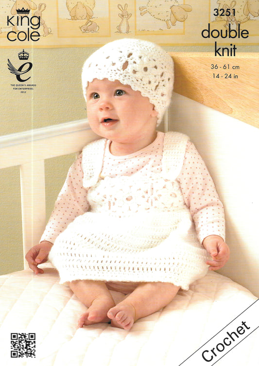 3251 King Cole Crochet pattern. Cardigan/Waistcoat/Pinafore Dress and Hat. DK