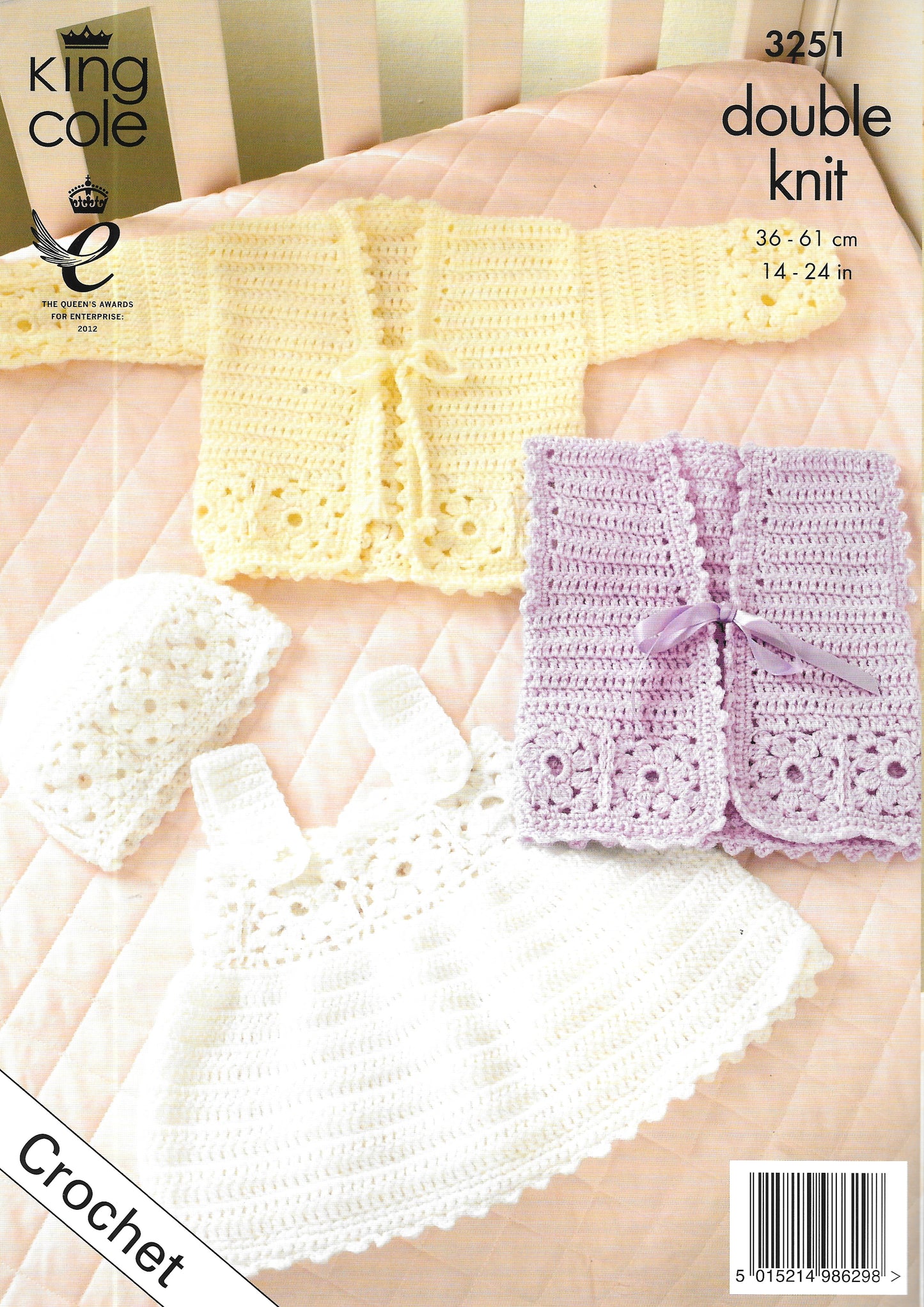 3251 King Cole Crochet pattern. Cardigan/Waistcoat/Pinafore Dress and Hat. DK