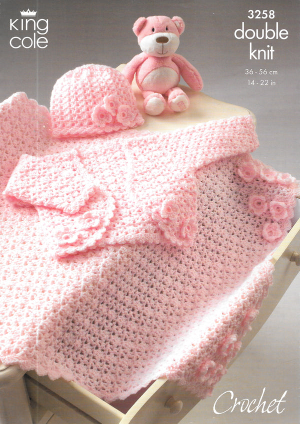King Cole 3258 Crochet pattern. Baby Hat,  Bolero and Pram Blanket.