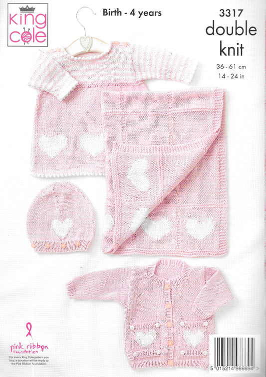 3317 King Cole Double Knit Knitting Pattern - Cardigan/Dress/Hat/Blanket