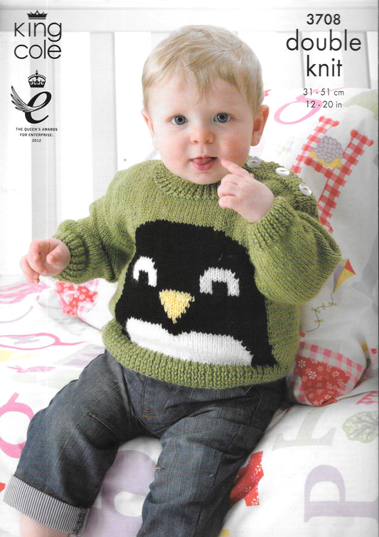 3708 King Cole Knitting Pattern. Child's Intarsia Sweater and cardigan. Double Knit