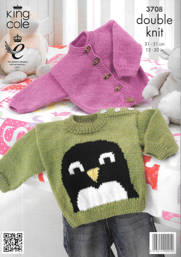 King Cole 3708 Knitting Pattern - Child's Intarsia DK Sweater and cardigan